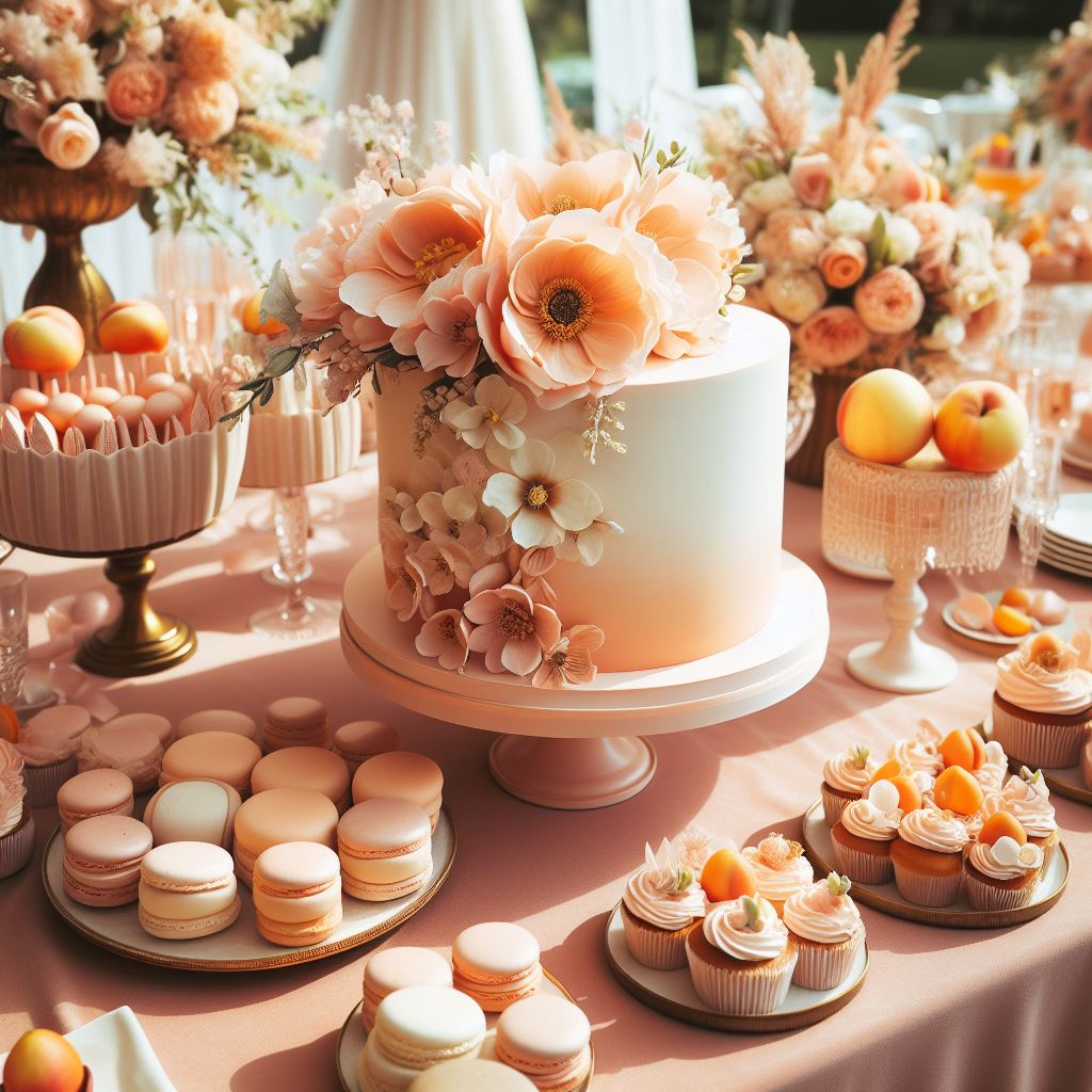 Peach Fuzz Pantone Color Of The Year For Weddings Bouquet Dessert Buffet and Cake