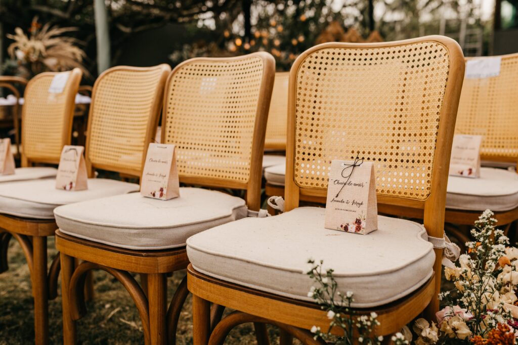 wedding guest's chair in a garden venue